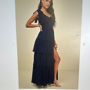 Lulus elevated vision navy blue one shoulder tiered maxi dress